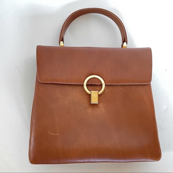 Vintage Handbags - VINTAGE // cognac brown tan genuine leather top handle Kelly style flap handbag